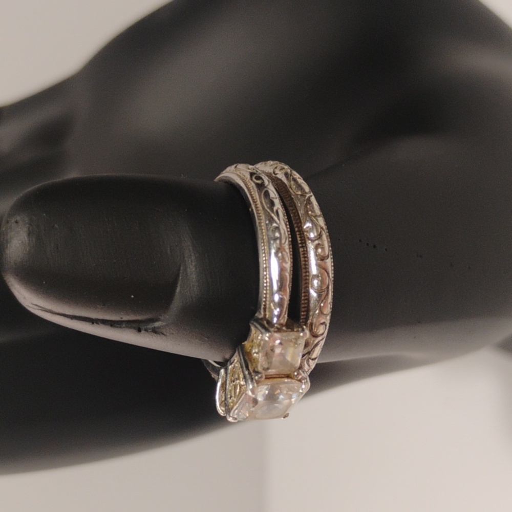 Tacori Set Of  Sterling 925 Silver Trio Princess CZ Ring And Matching Band Sz 7 - Picture 12 of 16
